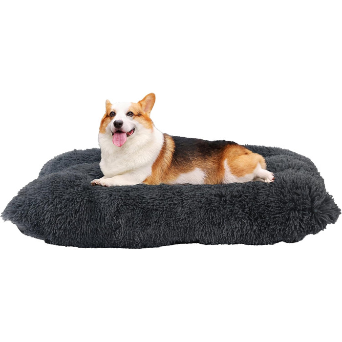 Dog Bed, Fluffy Dog Mats, Longer Plush Dog Cushion, Washable, Non-Slip Bottom, 110 cm for Medium and Large Dogs, (L 90 x W 60 x H 10 cm, Dark Grey)