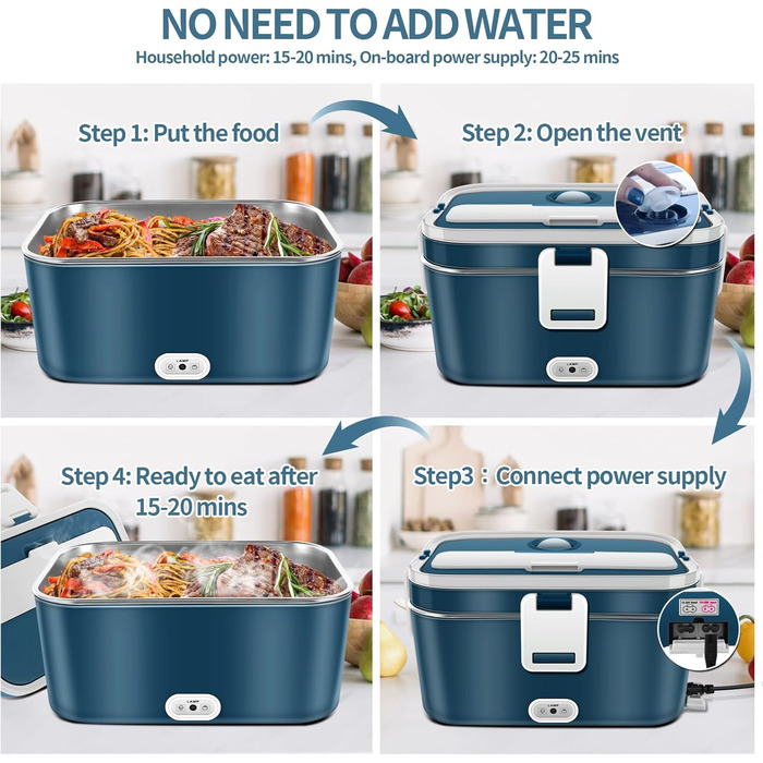 Електрична ланчбокс 120W 3-в-1 12V/24V/220V – обідова коробка з підігрівом для авто, офісу, 1,8L з нержавіючою сталлю та сумкою