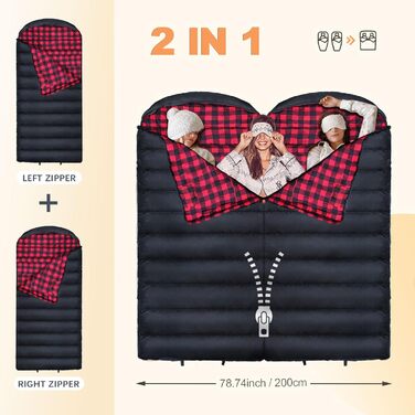 Спальний мішок Poepore Outdoor Winter для дорослих, Extra Wide, 3-4 сезони, XXL, теплий, бавовна, фланель, для кемпінгу, походів, пригод, 230*100 см, 0°C (Червоний, -6°C)