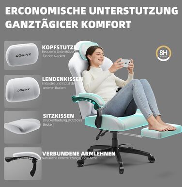 Ігровий крісло Dowinx з кишеньковим пружинним блоком, ергономічне крісло геймера зі шкіри з підголівником та підніжкою, комп'ютерне крісло для офісу та ігор (Білий, Титан)