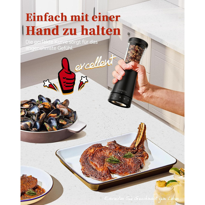 Електричні мельниці для солі та перцю 2 шт. з нержавіючої сталі, акумуляторні, з LED-підсвічуванням, регульоване керамічне подрібнення, щітка для чищення