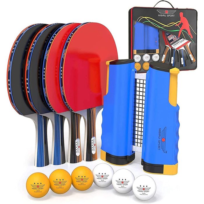 NIBIRU SPORT Професійний набір для настільного тенісу з регульованою сіткою, м'ячами та стійками (4 зірки). Комплектація: кріплення, сумка для зберігання, набір для 4 гравців. Підходить для гри в приміщенні та на вулиці.