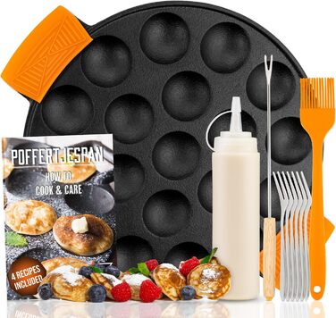 Чавунна сковорода для міні-панкейків IRONO Poffertjes, 19 отворів, з аксесуарами (масляний пензлик, лопатка, 6 виделок, пляшка для тіста, ручки)