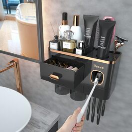 IHave Toothbrush Holder Wall Mounted, Bathroom Toothbrush Holder with Toothpaste Dispenser, 3 Cup Toothbrush Holder with Drawer, Large Capacity Toothbrush Organizer Bathroom (2 Cups, Black Gold)