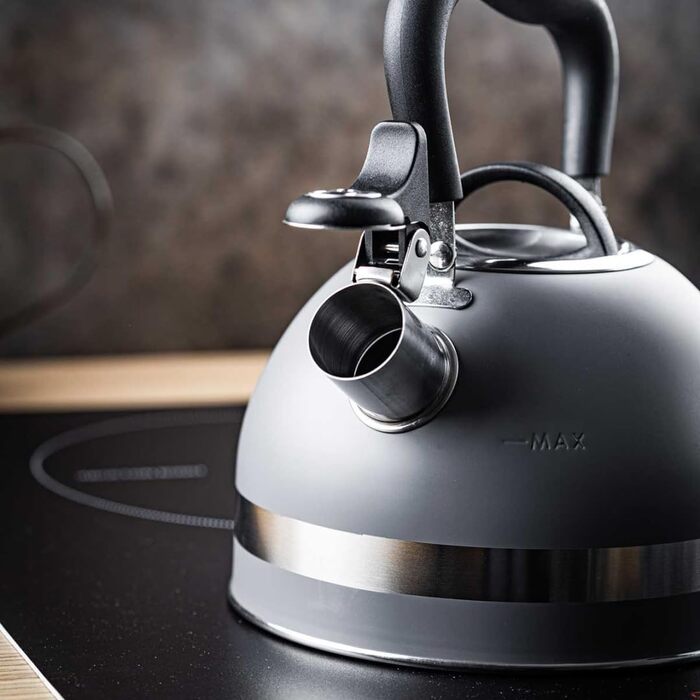 Чайник Kinghoff 1.8L з нержавіючої сталі з свистком, Induktion, сірий матовий, KH-1851