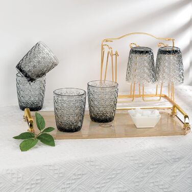 Joeyan 300 ml Gray Water Glasses with Embossed Design, Modern Drinking Glasses Juice Glasses Tumblers, Dishwasher-Safe Glasses Set of 6