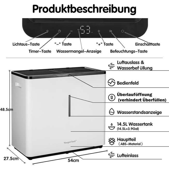 Зволожувач повітря 6L Top Fill, зволожувач повітря на основі випаровування, 1000 мл/год, автовимкнення, білий (EH22T)