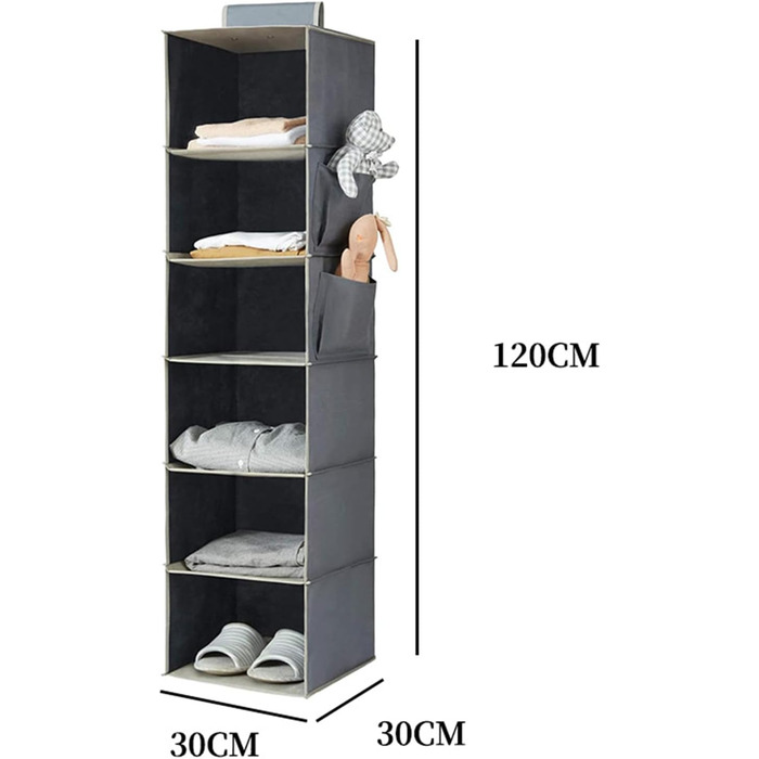 Настінна полиця-органайзер для шафи з 6 відділеннями та 2 кишенями сірого кольору для одягу та взуття