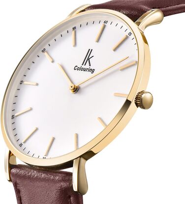 Годинник Alienwork IK Slim Ø36mm на шкіряному ремінці (Золото/Білий/Коричневий ремінець) для чоловіків та жінок