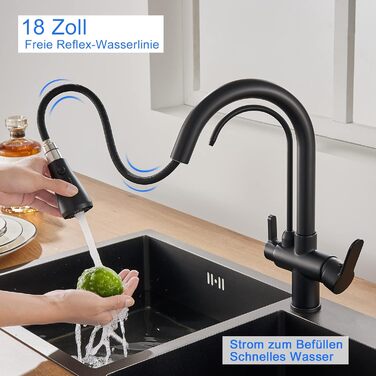 Чорний кухонний змішувач з висувною лійкою 360°, з нержавіючої сталі, для фільтрованої води