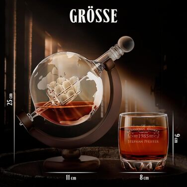 Maverton Whisky Decanter with Engraving - Globe with Ship, 850 ml - Set of 6 Whisky Glasses - Whisky Decanter - Christmas Gifts - Birthday Gift for Men - Personalized - Gentleman Whiskey