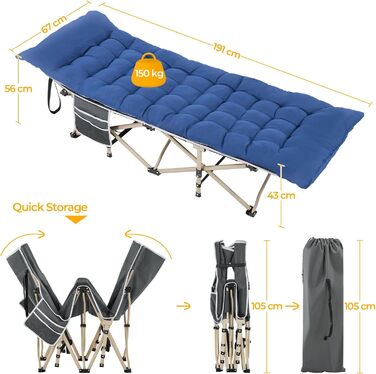 Ліжко похідне Yaheetech з матрацом, складне, для гостей, 191x67 см, до 150 кг, сіре/чорне (синьо-сіре)