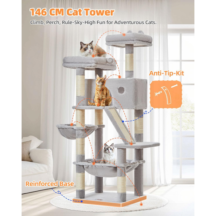 Кігтеточка для котів Taoqimiao MS026W 146 см - велика, стабільна, з 2 будиночками, гамаком, корзиною та 8 кігтеточками (світло-сірий)