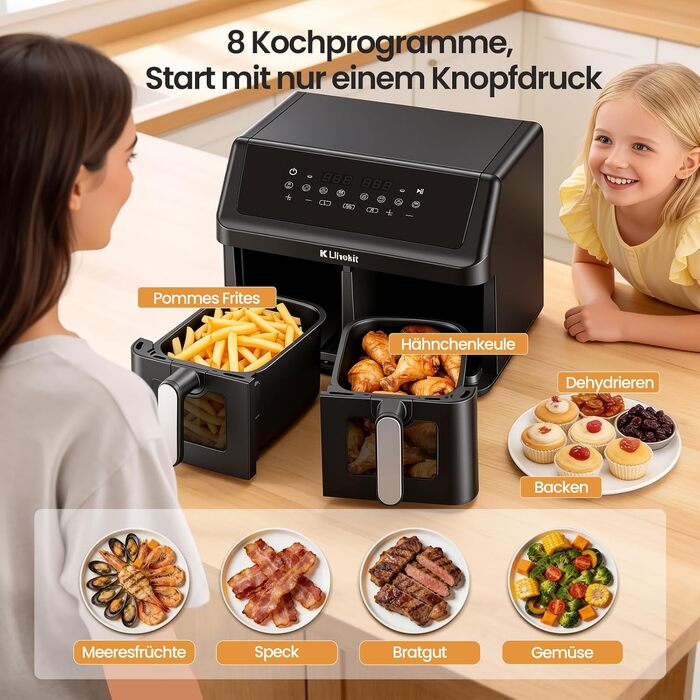 Аерофритюрниця LLIVEKIT 9L з двома камерами (2x4.5L), 8 програм, 4D конвекція, функція Sync-Finish, енергоощадна, чорна