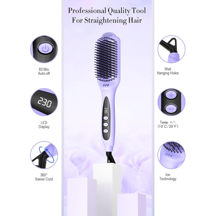 LANDOT Гладка щітка з кераміки: електрична щітка для випрямлення волосся з іонізатором та цифровим дисплеєм. Температура 120-230°C, час нагріву 30 секунд. Колір: фіолетовий