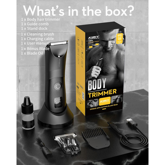 Електричний чоловічий триммер для тіла Kibiy з LED-дисплеєм, IPX7, олія для лез