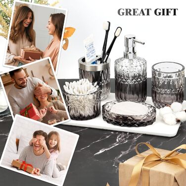 Набір аксесуарів для ванної кімнати Hebaogugu 5 шт., сірий колір, з дозатором мила, мильницею, стаканчиком для зубних щіток, тримачем для зубних щіток та контейнером для ватних паличок.