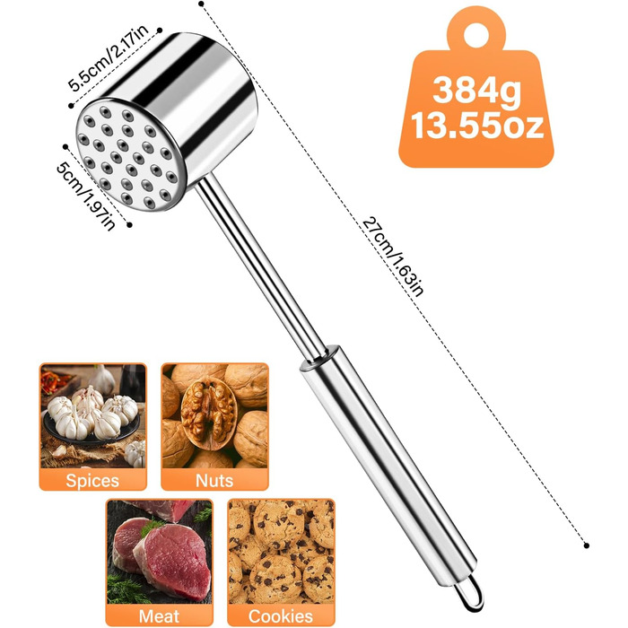 Fleischhmmer Bixury 27 см з нержавіючої сталі: подвійний молоток для м'яса з ребристою поверхнею для шніцелів, котлет, стейків, яловичини, свинини, курки (срібний)