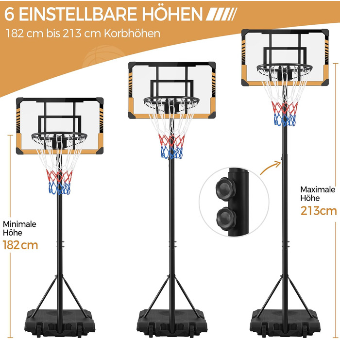 Yaheetech Adjustable Height Basketball Stand with Wheels - Mobile Basketball Hoop, Water or Sand Fillable, Indoor/Outdoor Basketball System - 226.5cm - 256.5cm