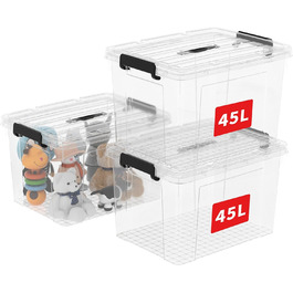 Cetomo Storage Boxes, Portable Plastic Boxes with Lids, Organizer Containers with Handle and Clips, Stackable, Nesting, for Home and Office, Transparent, 90L-3 Pack (45L*3)