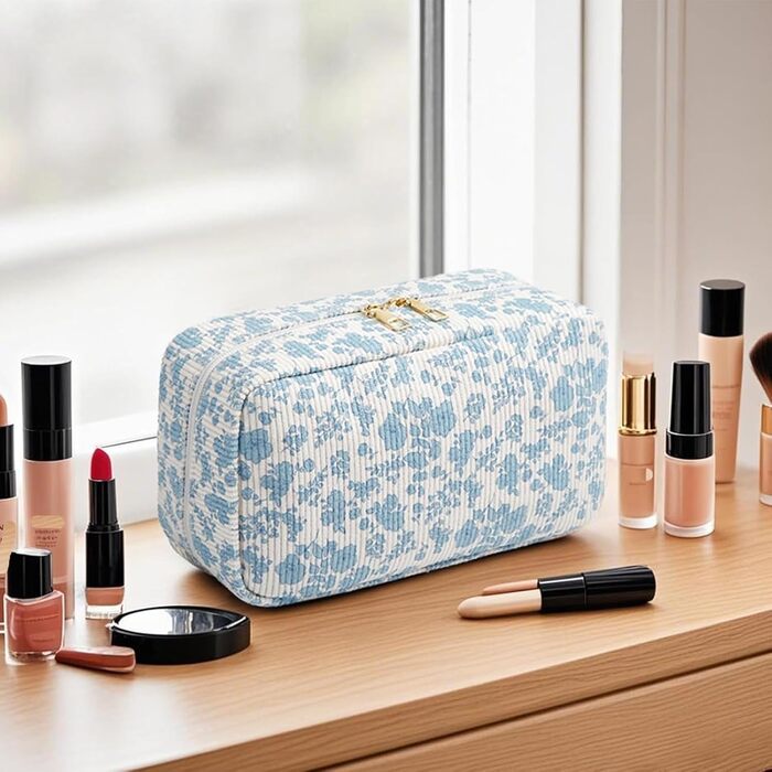 Косметичка жіноча з корду, туристична, для подорожей, зелена (квітковий принт)