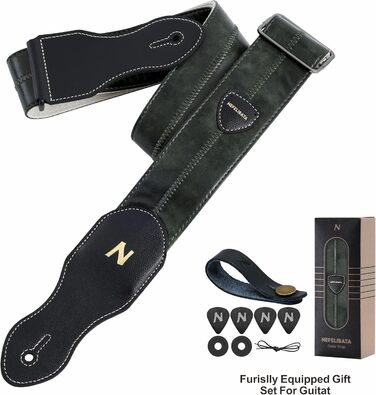 Гітарний ремінь Nefelibata з кишенею для медіатора, 2.3-дюймовий веганський шкіряний ремінь для гітари в стилі Porter, вінтажний стиль 30-х років, з медіаторами, кнопками та замками. Регульована довжина від 42 до 66 дюймів (зелений)