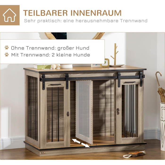 Клітка для собак PawHut, будиночок для собак з двокімнатним варіантом, клітка для домашніх тварин з двома дверцятами, переноска для собак, собачий будиночок для собак середніх розмірів, 120 x 60 x 88,5 см, дуб