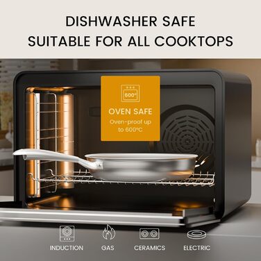 Набір сковорідок COOKNANO 3 шт. (20+26+30 см), нержавіюча сталь, без антипригарного покриття, для всіх типів плит, безпечно мити в посудомийній машині