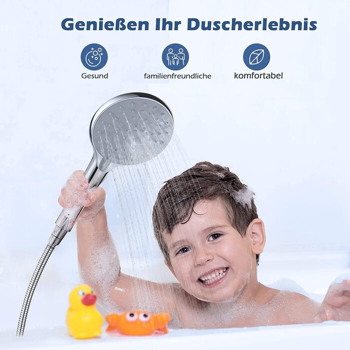 Showerhead Set, 3 Functions, Liquid Silicone - Showerhead Set with Hose and Holder, High Pressure and Water-Saving, Universal with G1/2 inch Connection, Chrome Showerhead for All Family Members (3 Spray Patterns)
