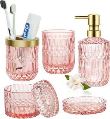 Набір аксесуарів для ванної кімнати зі скла: мильниця, дозатор мила, стакан, тримач для зубних щіток, контейнер для ватних паличок, рожевий колір