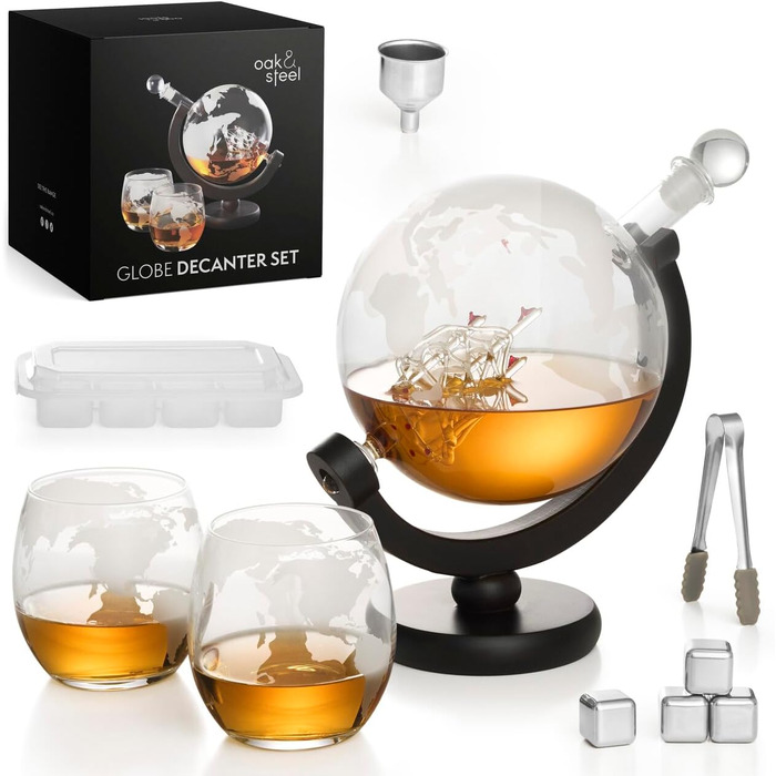 Преміум набір скляної карафи та келихів Globus Whisky від Oak & Steel з картою світу, 1500 мл. Включає 2 келихи, 4 вапнякові камені для віскі та подарункова упаковка.