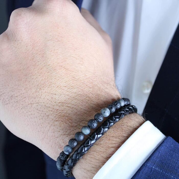 Браслет чоловічий з натурального каменю 6 мм та шкіри, магнітний замок, коричневий