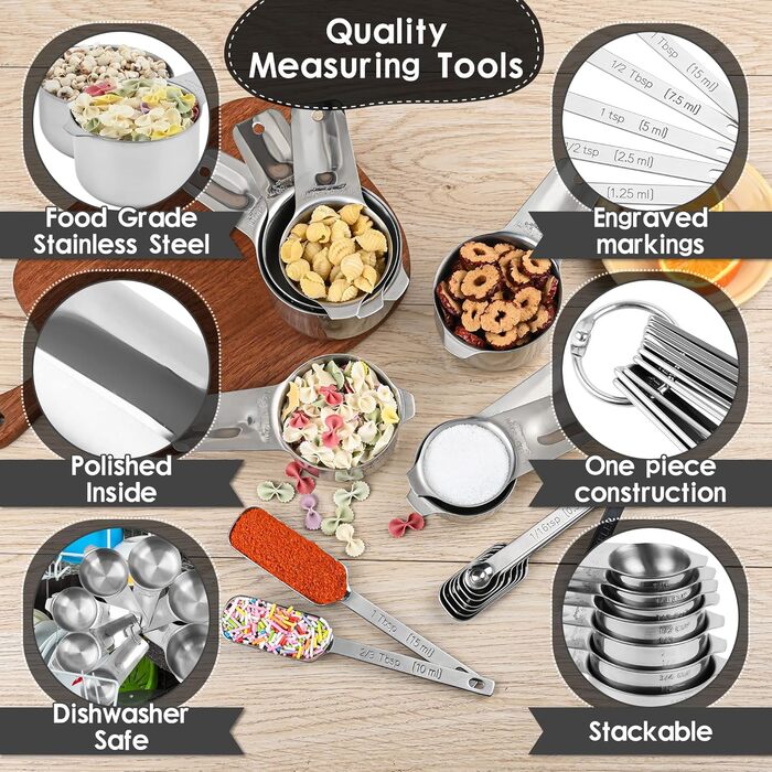Generic stainless steel measuring cups and spoons, 18/8 (304), silver, 17-piece set, 240 ml, including 7 measuring cups and 9 spoons, plus a leveler and rings.