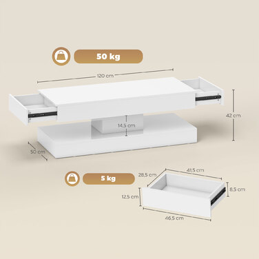 HOMCOM Living Room Coffee Table with Drawers and LED Lights, Modern Sofa Table with Open Storage, Coffee Table, Particleboard, White