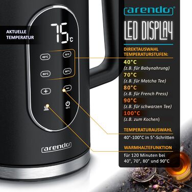 Електричний чайник Arendo з регулюванням температури, нержавіюча сталь, подвійні стінки Cool Touch, дисплей, бездротовий, 2200 Вт, 1.7л, захист від перегріву, функція підтримання тепла, чорний