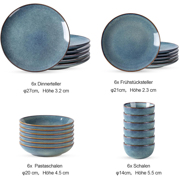 GBHOME Набір посуду з кераміки, 24 частини (12-ти та 24-ти місний), ручної роботи, реактивна глазур, тарілки та миски, стійкий до сколів та тріщин, придатний для миття в посудомийній машині та використання в мікрохвильовці, білий колір (Ceylon Blau)