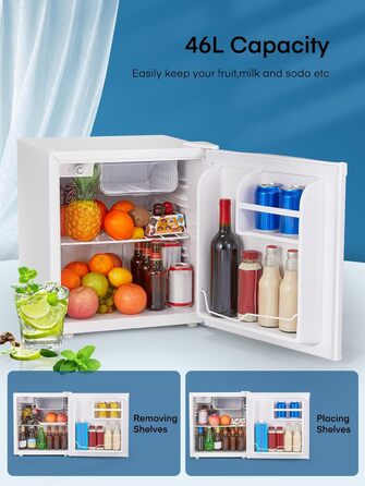 Міні-холодильник E 46L з відділенням для льоду, 42 dB, регулювання температури, енергозберігаючий, знімний дверний анфаз, для кухні, офісу, спальні, готелів та маленьких квартир (білий)