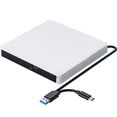 Зовнішній DVD-привід USB 3.0 та Type-C, портативний CD/DVD+/-RW записувач для ноутбука, ПК, MacBook, Windows, MacOS, Linux (Білий)