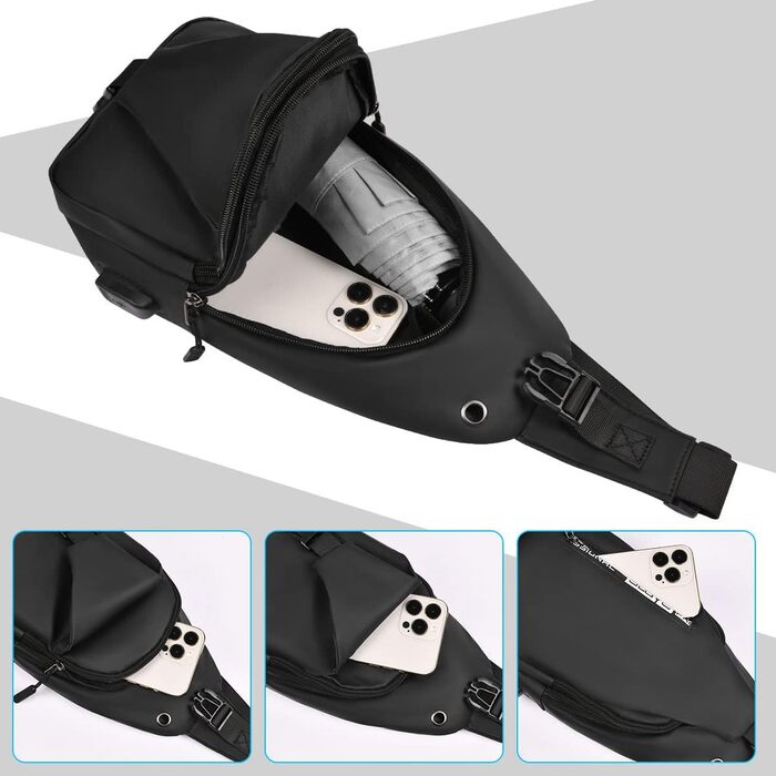 Чоловіча нагрудна сумка-слінг Brusttasche з USB-портом для зарядки, водонепроникна, чорна (#3 B)