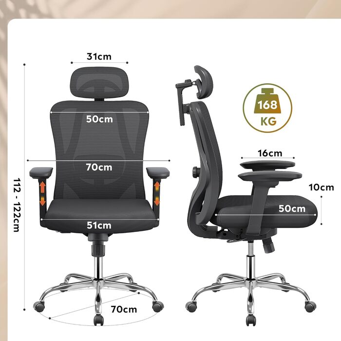 Офісне крісло Devaise: ергономічне крісло з регульованою підголівником та поперековою підтримкою, 3D-підлокітники, 3-рівневий нахил, дихаюча сітчаста тканина для дому та офісу (Чорний)