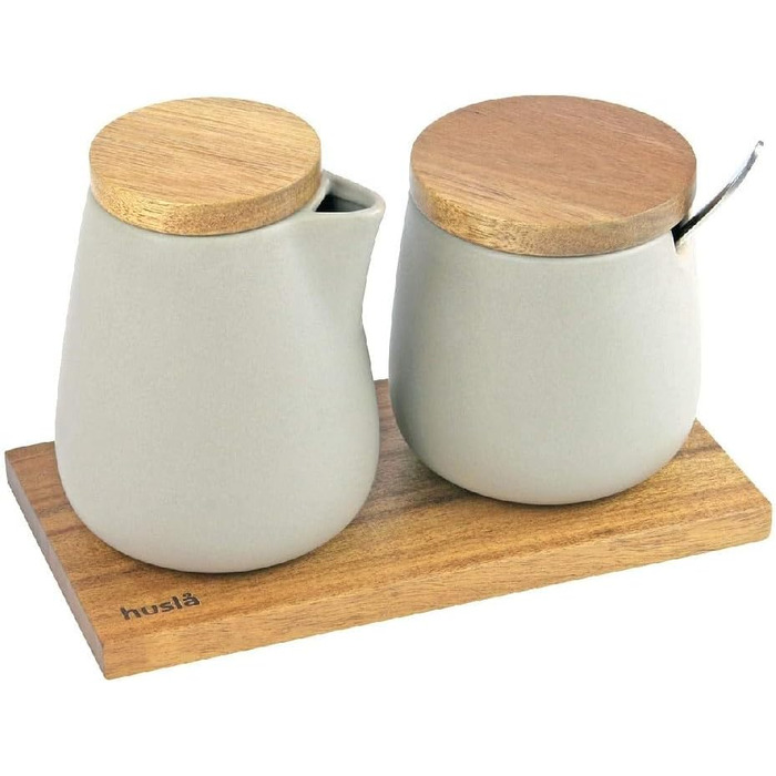 73974 2-in-1 Ceramic Sugar Bowl and Milk Jug Set, Acacia Wood Stand, Stainless Steel Spoon