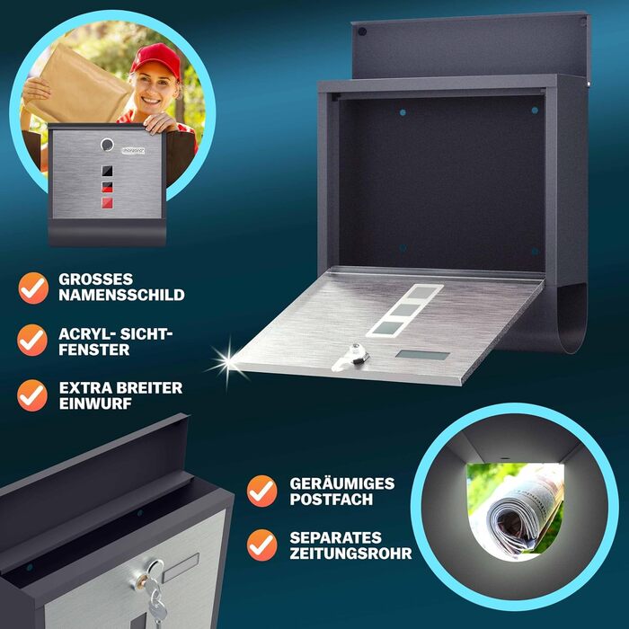 Поштовий ящик Monzana Kreuzschloss з мідним циліндром, поворотна кришка 31x10x34 см, вікно, табличка для імені, відділення для газет, сталь, 2 ключі, чорно-срібний