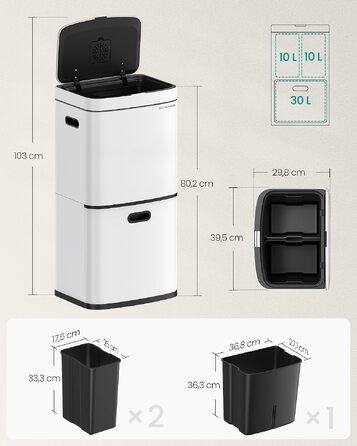 Сміттєвий кошик SONGMICS PARY LTB48BK, система сортування сміття на 2 відсіки (2x10л та 30л) з доводчиками Softclose, педаллю та ручками, чорний