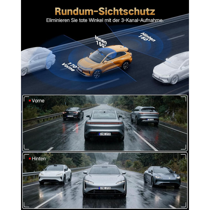 3-канальний автомобільний відеореєстратор 4K (передній, задній, салонний), 170° широкий кут, нічна зйомка, паркування 24/7, G-сенсор, WiFi 5.8 ГГц, SD-карта 64ГБ, чорний