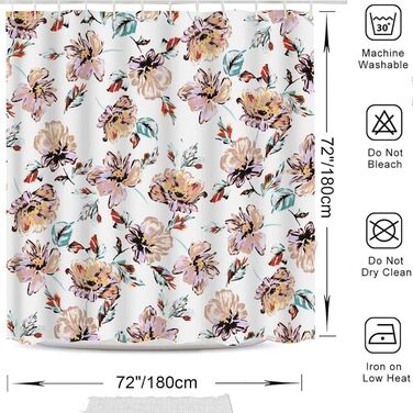Штора для душу 180x180 см з квітами, антигрибкова, водонепроникна, поліестер, з кільцями (12 шт.)