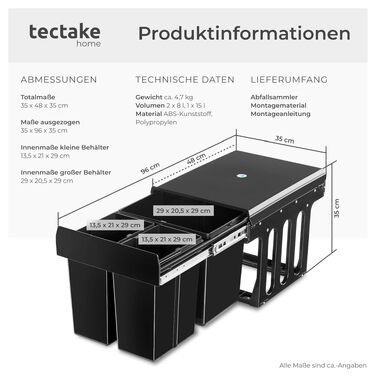 Кухонний сміттєвий бак tectake на 3 камери (31 л) з телескопічними направляючими: 2x8л та 1x15л, для сортування відходів, чорний