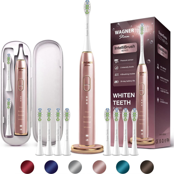Електрична зубна щітка Wagner Stern IntelliBrush Series Whitening з датчиком тиску. 4 режими чищення, 3 інтенсивності, 8 насадок, етиуі Rose Blush