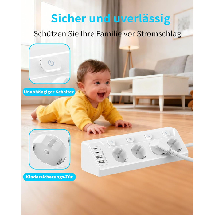 Многофункціональна мережева розетка з USB-C та захистом від перенапруги, 6 розеток, 2м кабель, 4000W, 16A, для кухні, дому, офісу (білий)