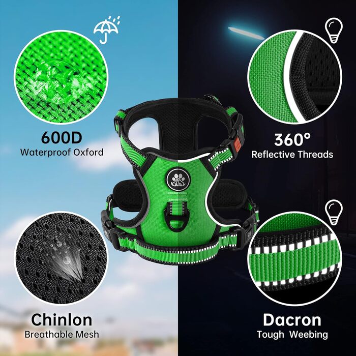 Шлейка для собак середнього розміру NESTROAD, розмір M, протисмикова, для собак середніх порід, обхват шиї 33-43 см, обхват грудей 43-64 см, безпечна, з підкладкою, зелена