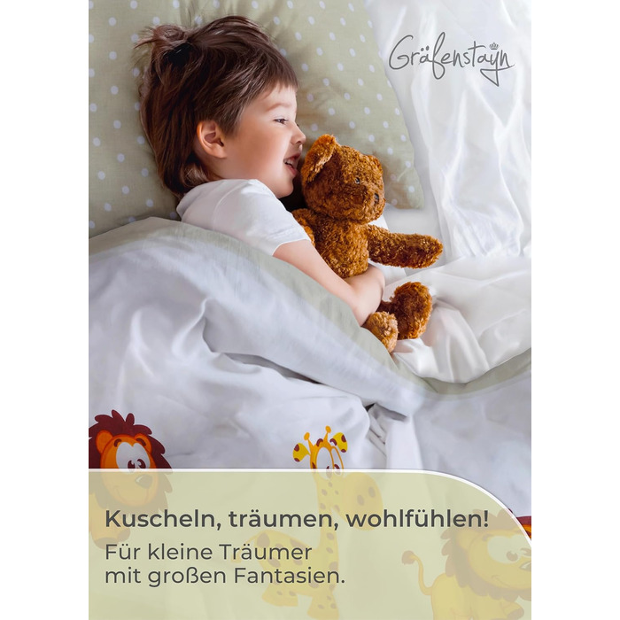 Набір постільної білизни для дітей Gräfenstayn® з тваринами (жирафа, слон, лев) - 100% бавовна (ренфорс) - 135x100 см, 60x40 см